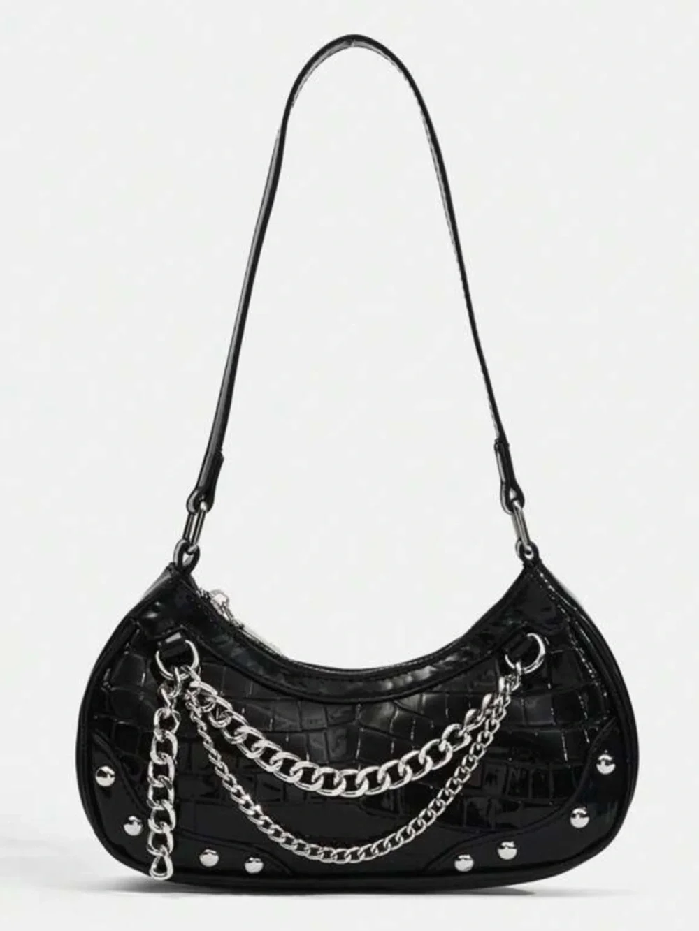 Y2K Black Croc Embossed Chain Shoulder Bag